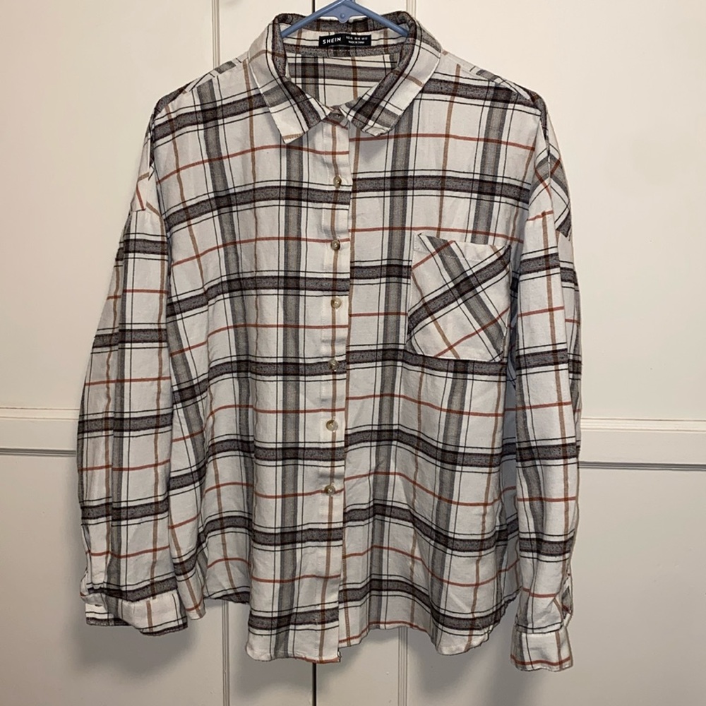 SHEIN XL Essence Plaid Drop Shoulder Button Up Pocket Front Shirt - Picture 2 of 13